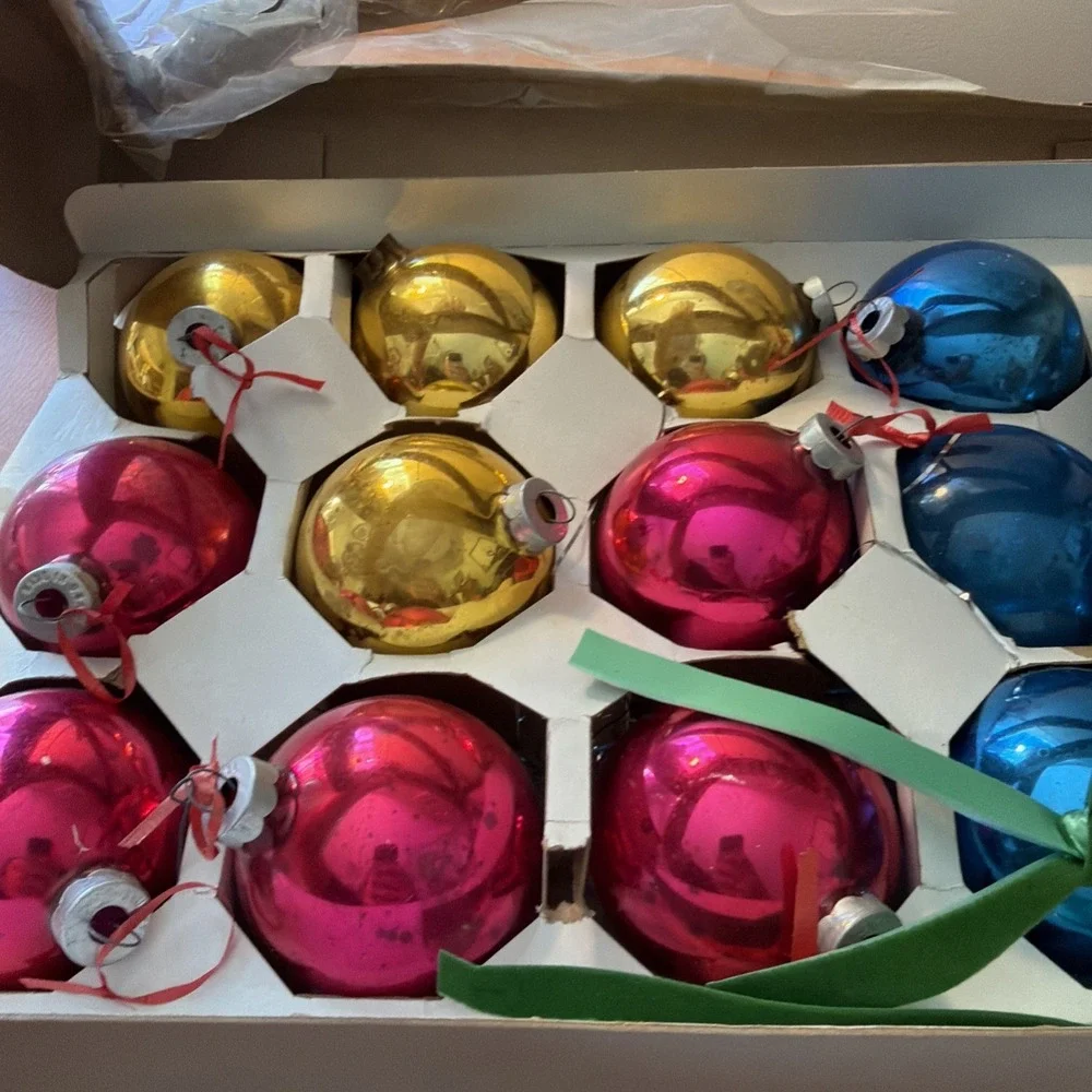 Vtg MCM Woolworth Woolco Multi Colored Glass Ornaments 15 In Box